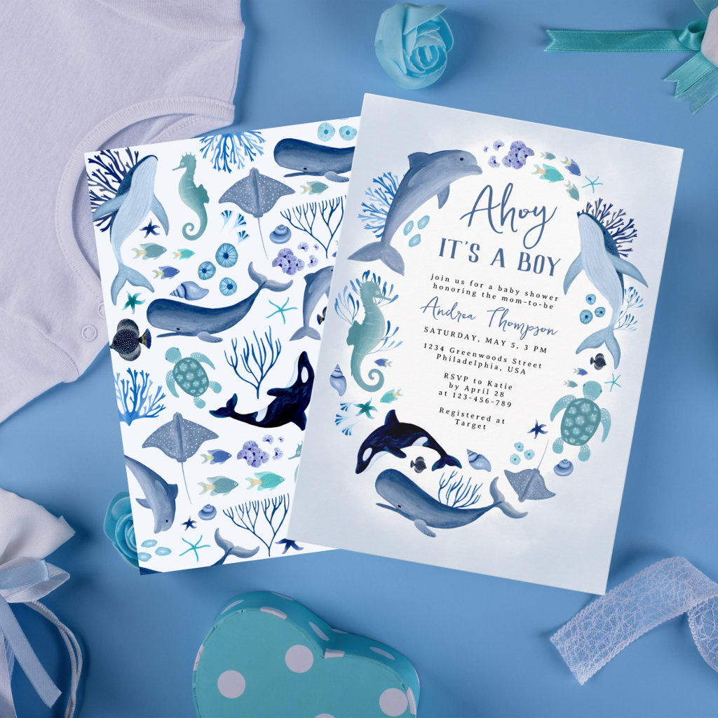 It's a boy blue balloon cute elephant baby shower invitation