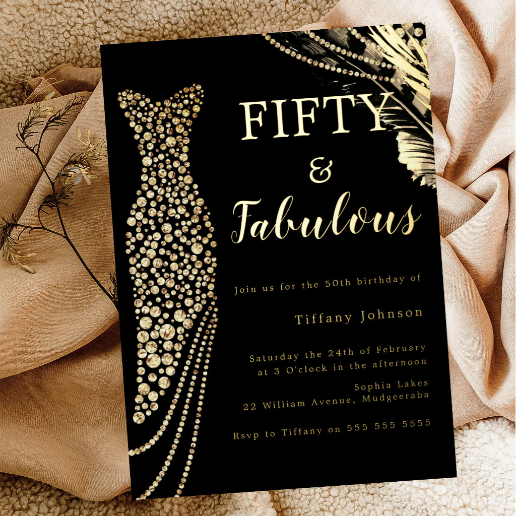 Fifty & Fabulous Elegant Gold Dress 50th Birthday Foil Invitation