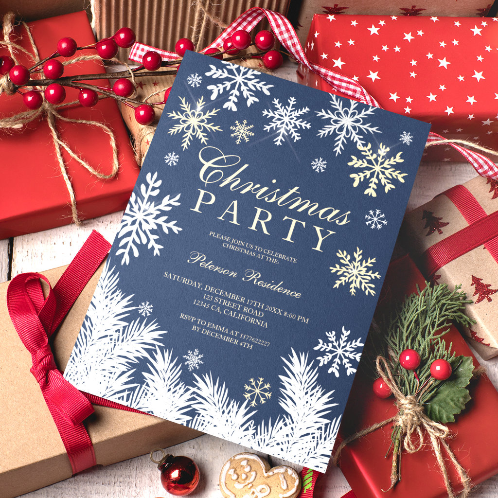 Modern snowflake pine navy winter Christmas party Invitation