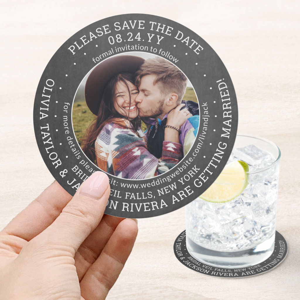 Any Text Wedding Save the Date Photo Chalkboard Round Paper Coaster