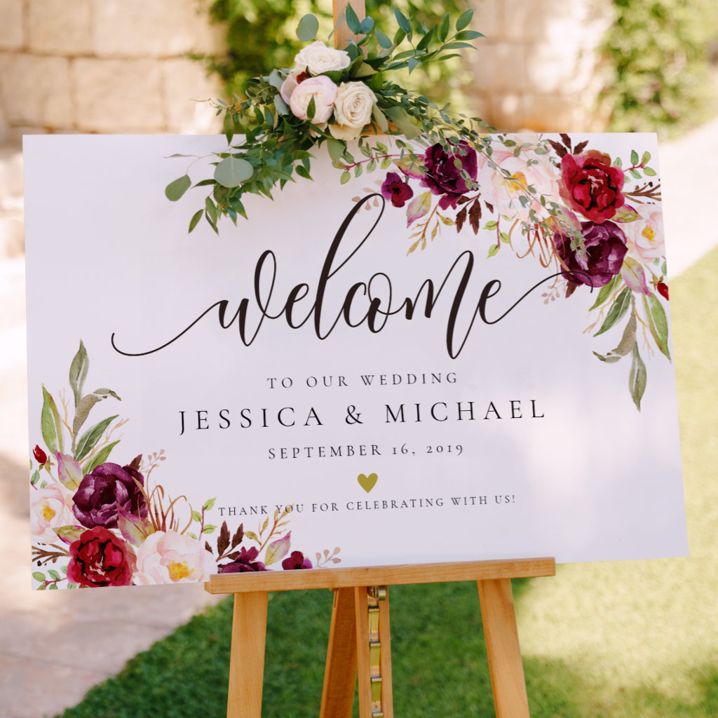 Marsala Burgundy Floral Wedding Welcome Sign