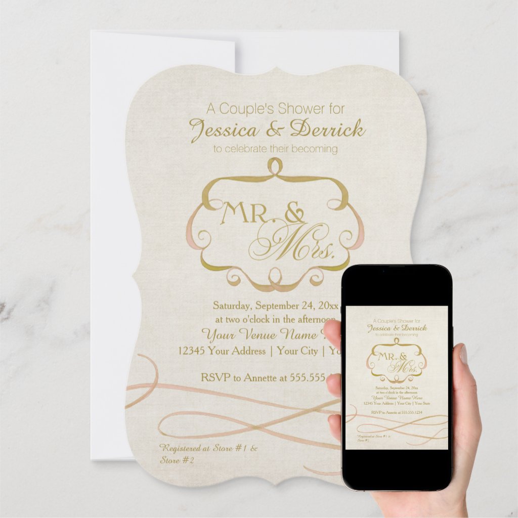 Mr and Mrs Typography Flourish Scroll Watercolor Invitation