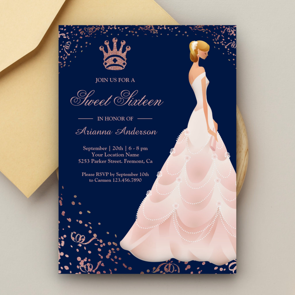 Rose Gold Princess Dress Blue Sweet Sixteen Invitation