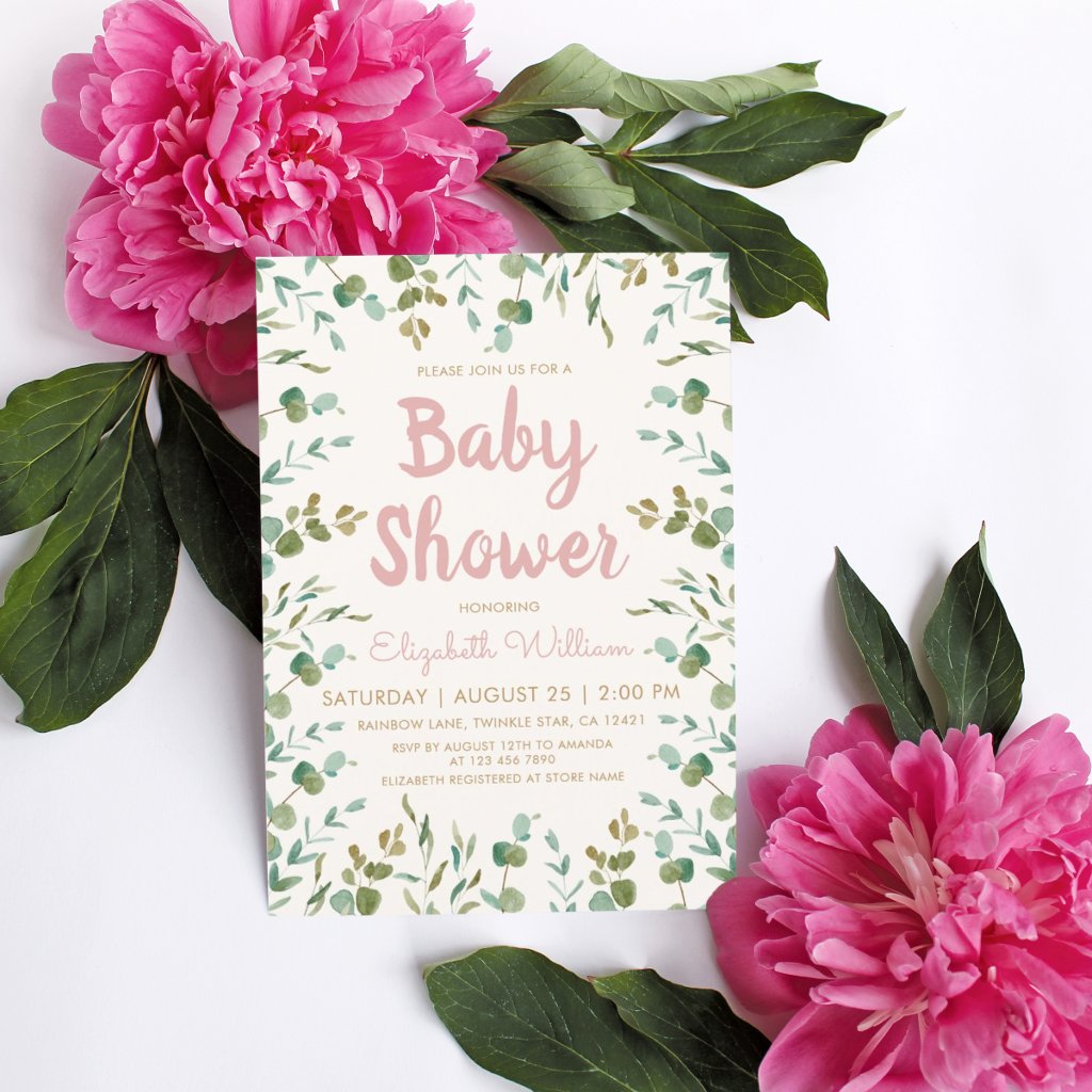 Watercolor Eucalyptus Leaves Girl Baby Shower Invitation