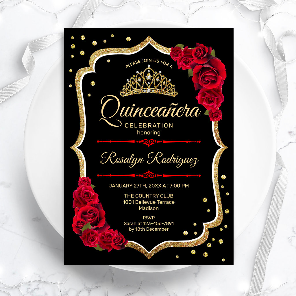 Quinceanera - Black Red Gold Invitation