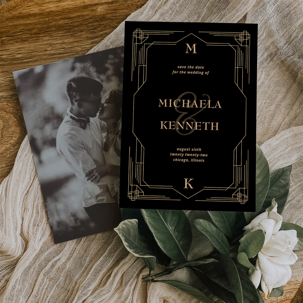 Modern Deco | Elegant Black and Gold Photo Back Save The Date