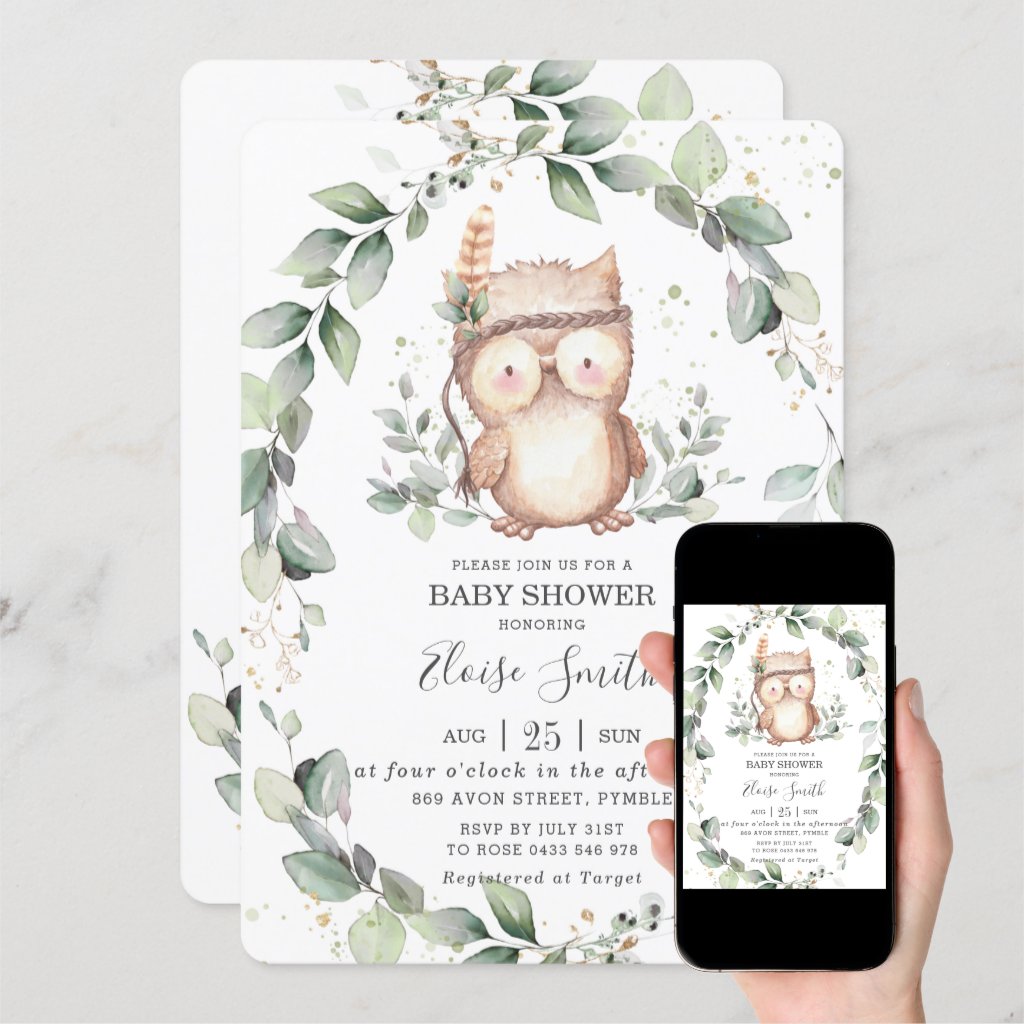 Whimsical Owl Rustic Greenery Neutral Baby Shower Invitation