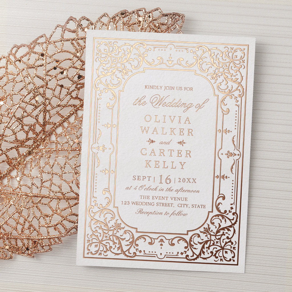 Rose gold elegant ornate romantic vintage wedding foil invitation