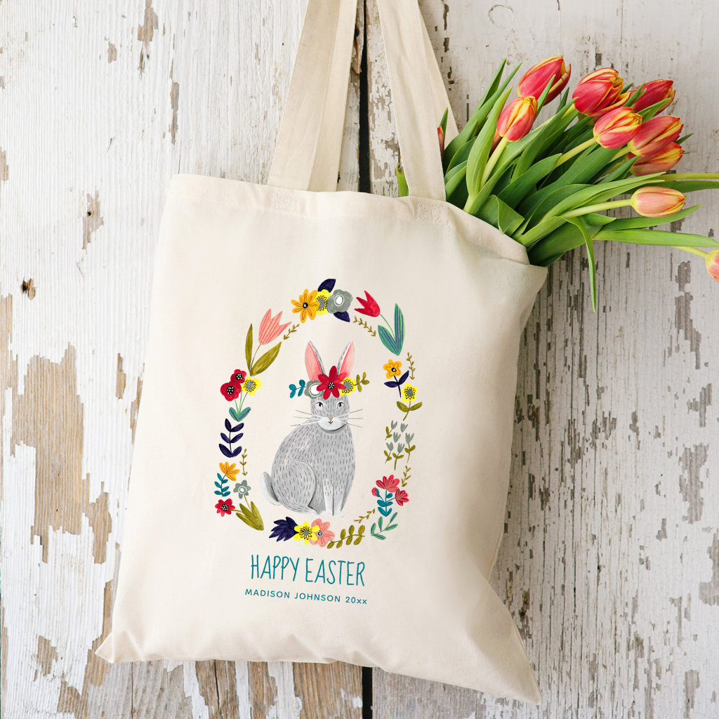 Easter bunny floral wreath tote bag