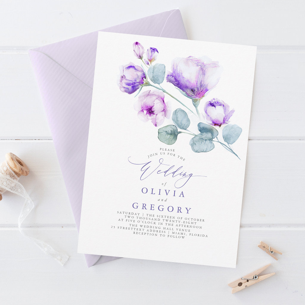 Elegant Modern Botanical Purple Floral Wedding Invitation