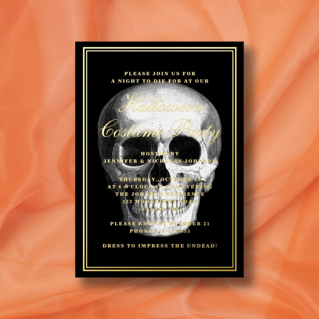 Elegant Skull Halloween Costume Party Gold Foil Invitation