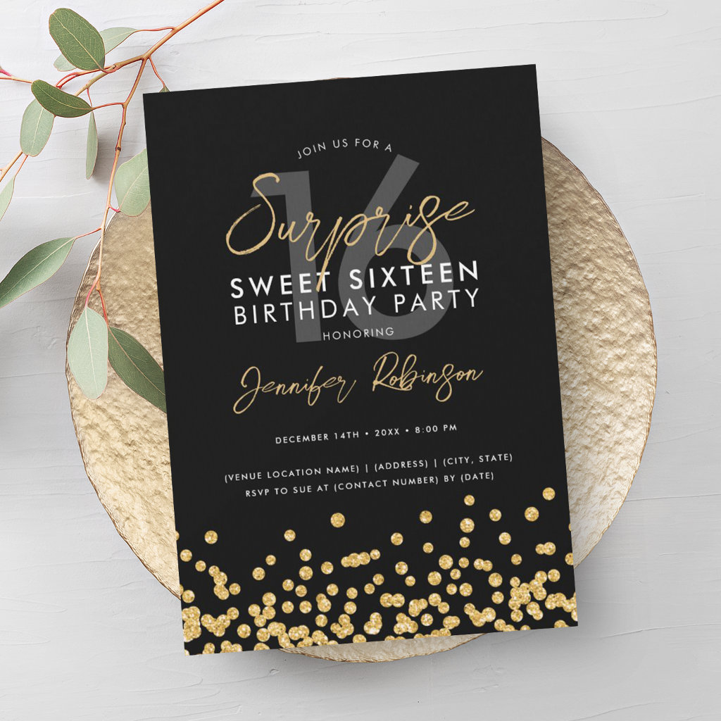 Elegant Gold Glitter Confetti Surprise Sweet 16 Invitation