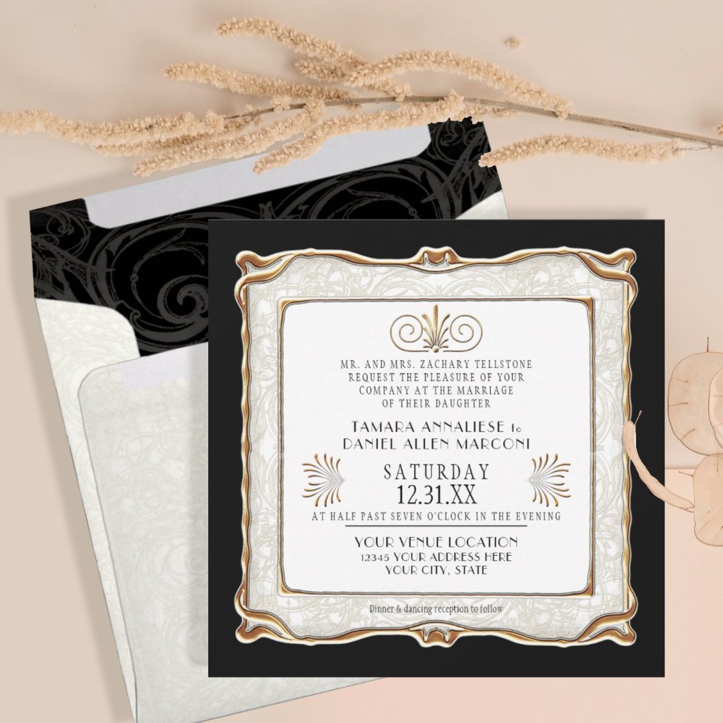 Elegant Art Deco Black Gold Nouveau Gatsby Wedding Invitation