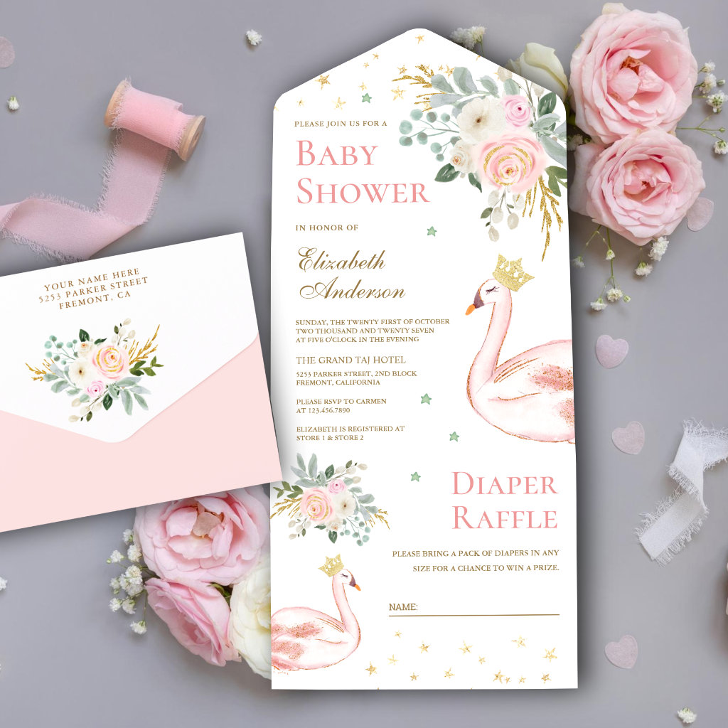 Blush Pink Floral Swan Princess Baby Shower All In One Invitation