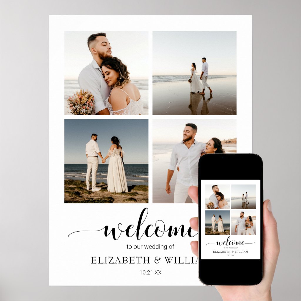 Modern Script 4 Photo Collage Wedding Welcome Sign