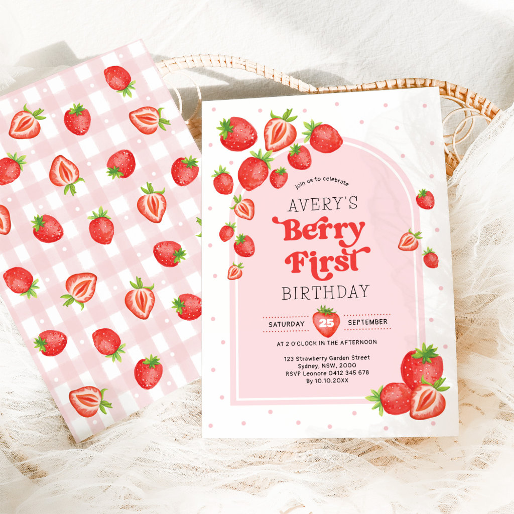 Cute Strawberry Berry First 1st Birthday Invitation