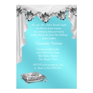 Ball Gown Tiara White Rose Teal Quinceanera Personalized Announcement