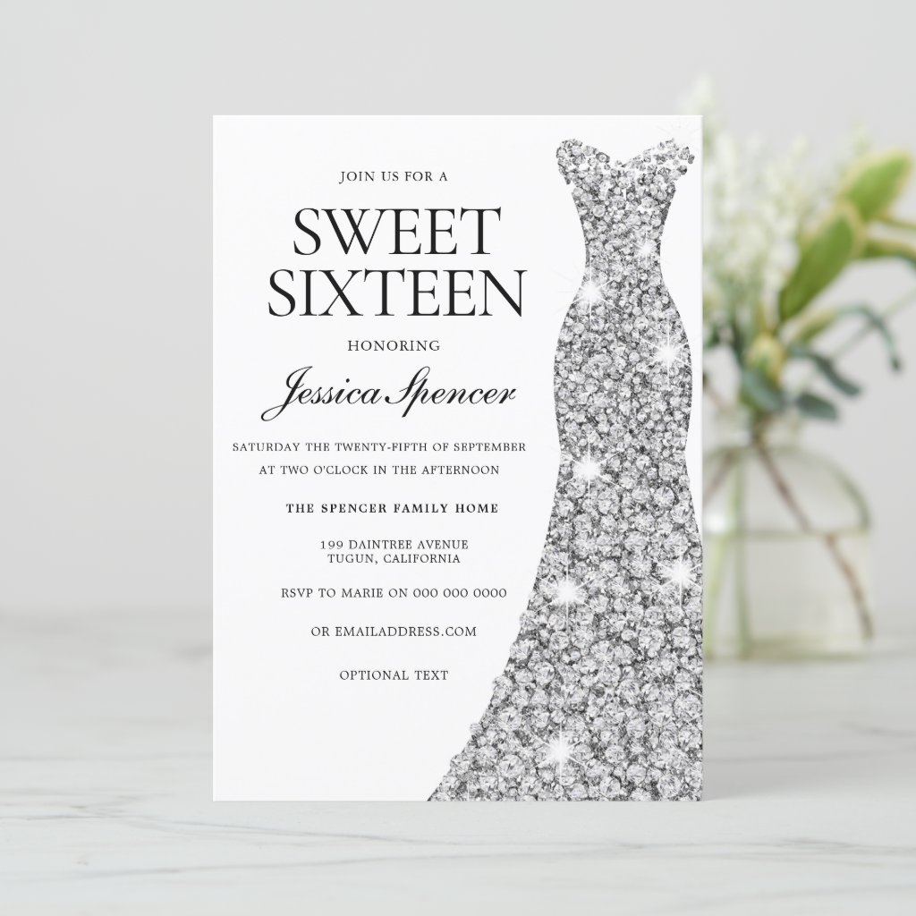 Elegant Silver Sparkle Dress Sweet 16 Invite