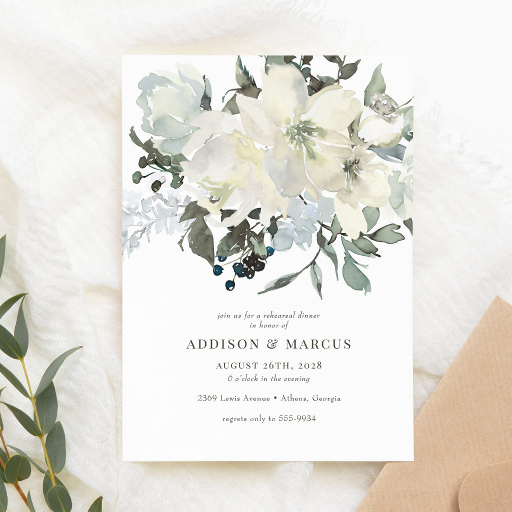 Ivory Greenery Watercolor Floral Rehearsal Dinner Invitation
