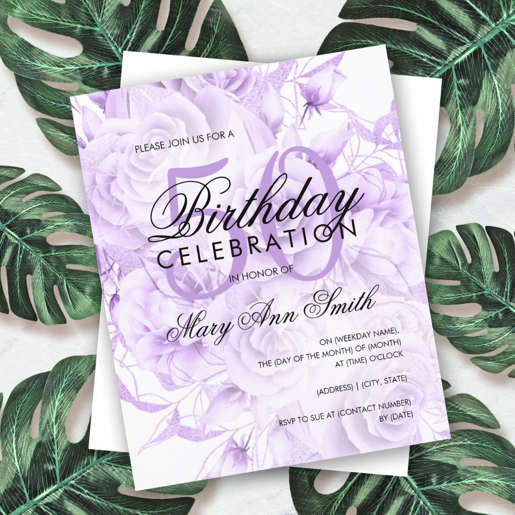 Elegant 50th Birthday Floral Purple White Invite