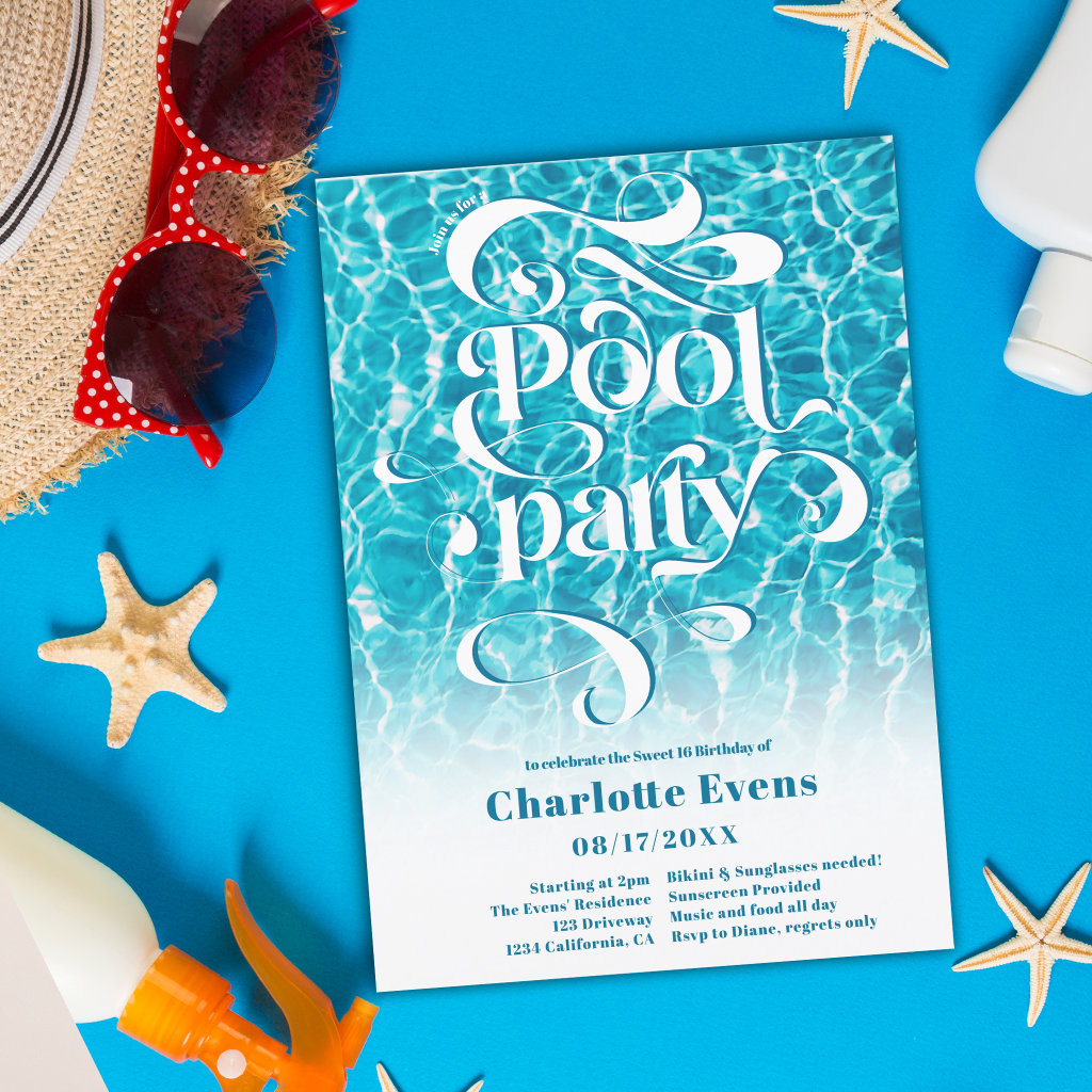 Cool water pool party script swirls teal Sweet 16 Invitation