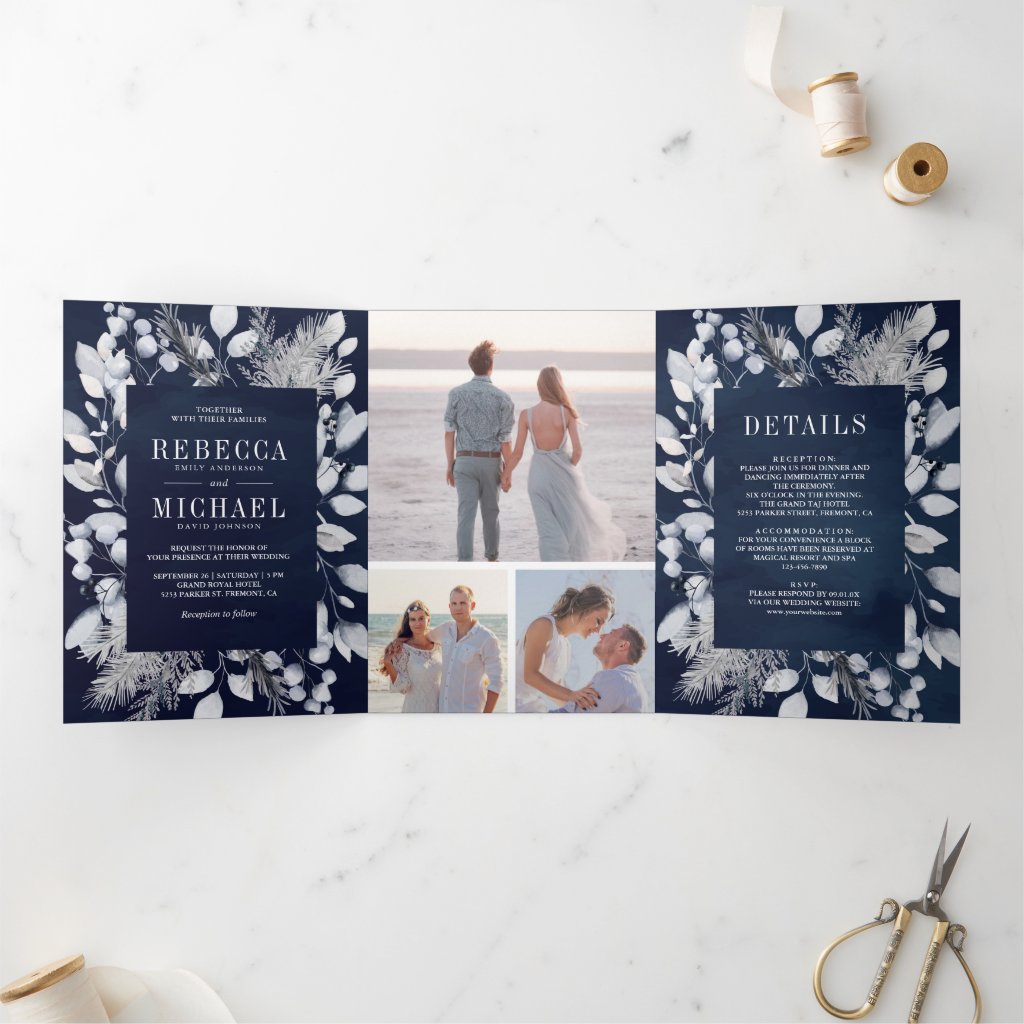 Dusty Blue Watercolor Leaves Winter Navy Wedding Tri-Fold Invitation