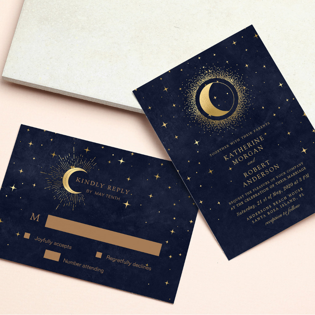 Celestial Midnight Blue Stars Moon Wedding Invitation