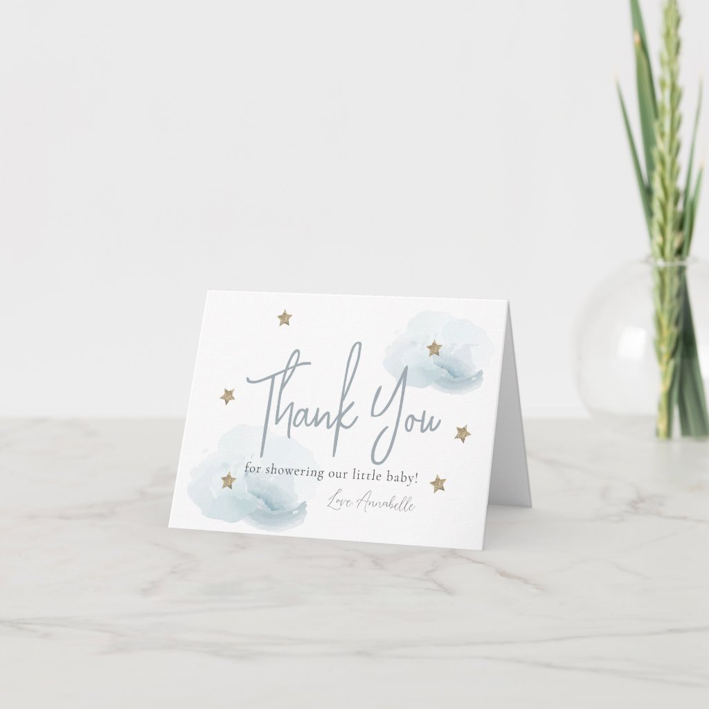 Cloud 9 Blue Clouds & Gold Stars Girl Baby Shower Thank You Card