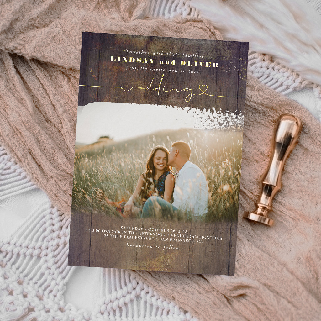 Rustic wedding invitations with wood texture