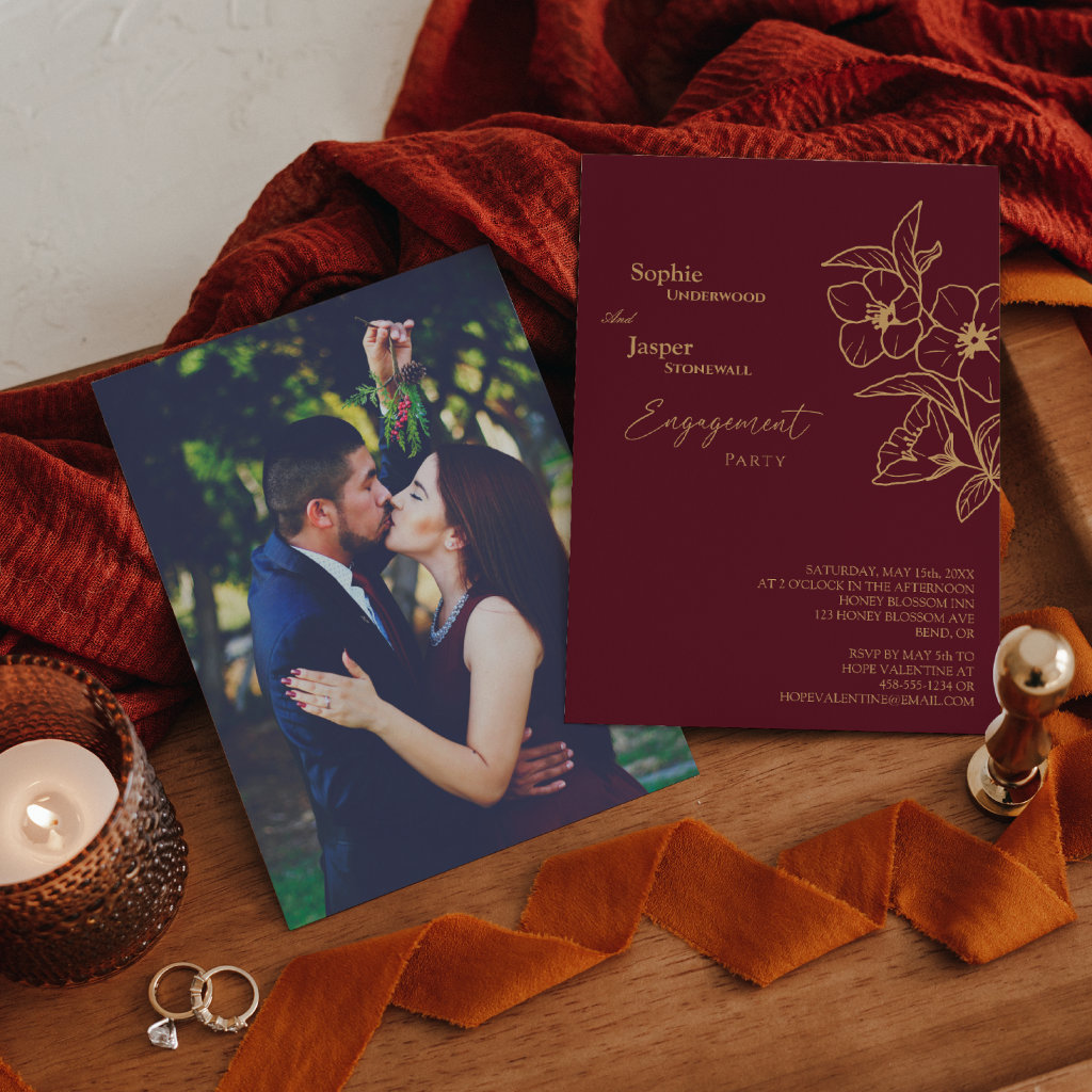 Burgundy Gold Floral Photo Engagement Party Invitation