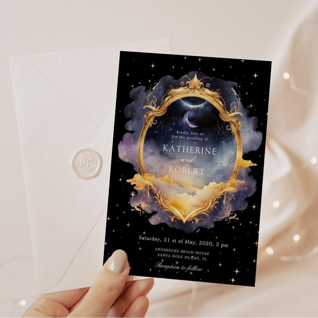 Mystical Celestial Blue Gold Wedding Invitation
