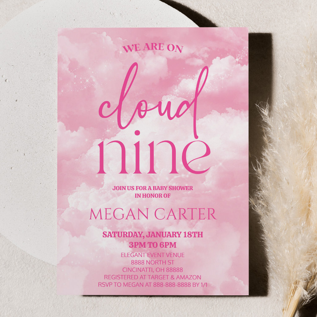 We Are On Cloud Nine Pink Clouds Baby Shower Invitation