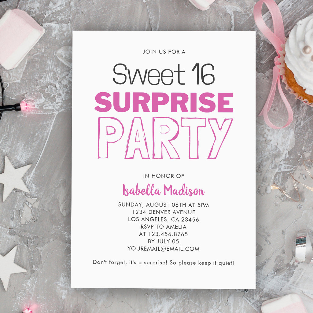 Surprise Sweet 16 Pink Birthday Party Invitation