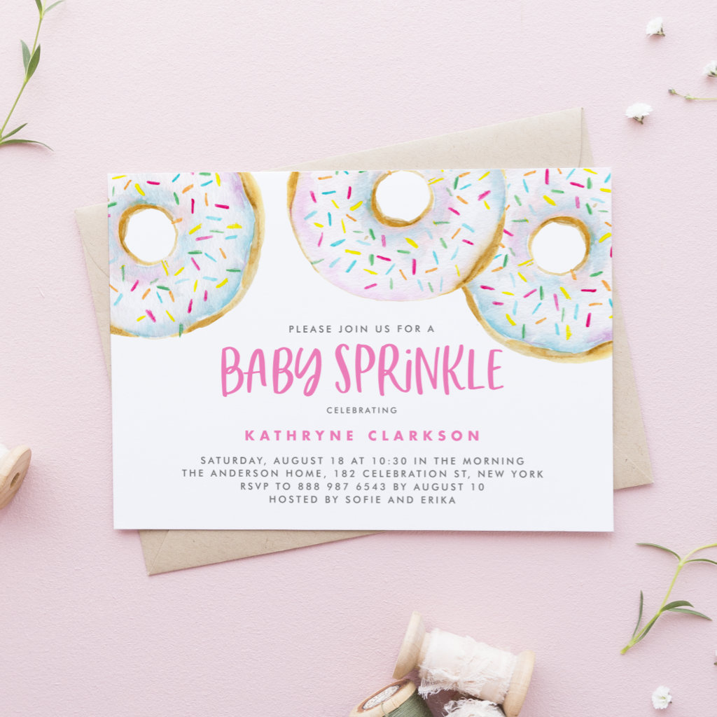 Watercolor White Sprinkle Donuts Baby Sprinkle Invitation