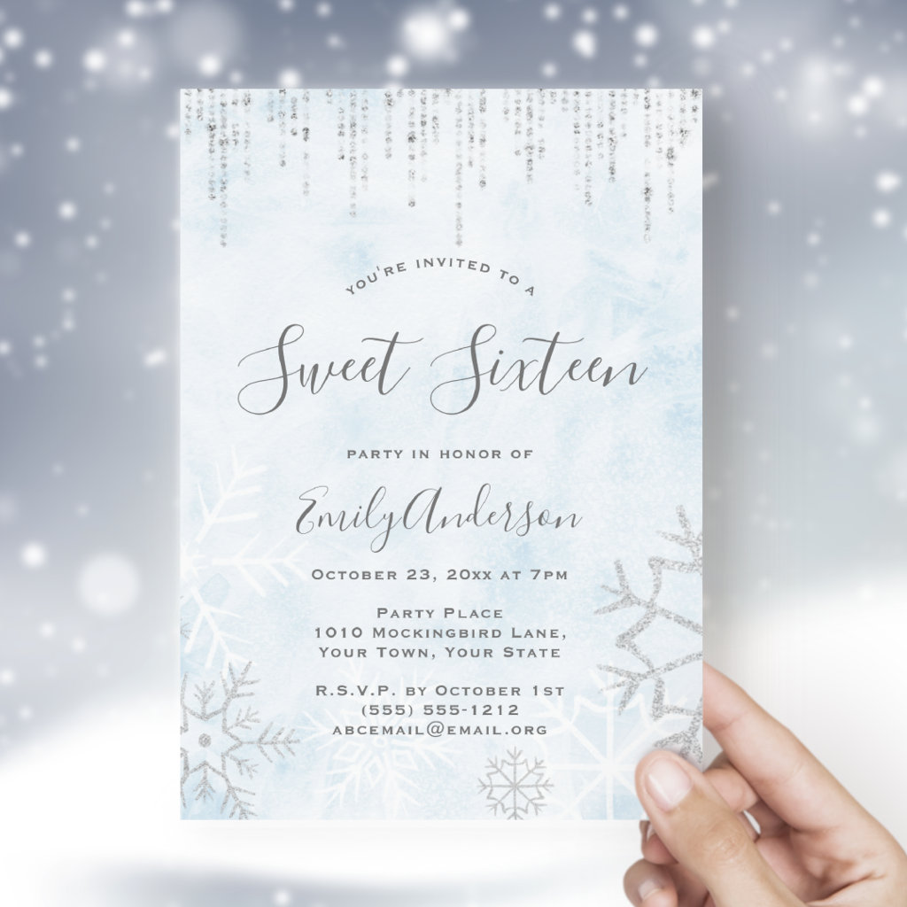 Winter Wonderland Blue Silver Snow Ice Sweet 16 Invitation