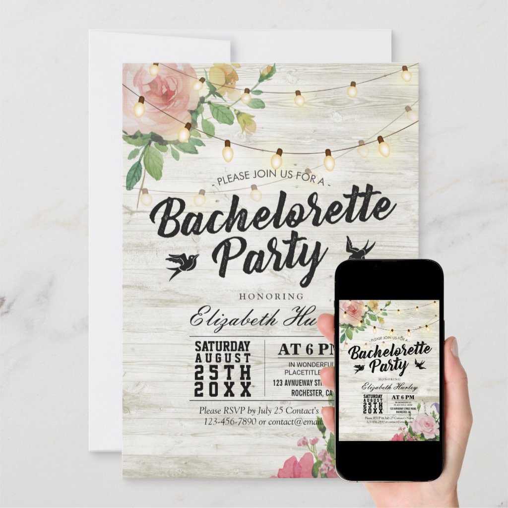 Rustic Wood Floral String Light Bachelorette Party Invitation