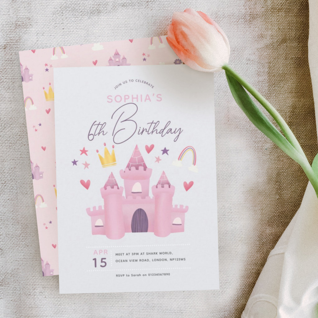 Girls Cute Pink Princess Palace 6th Birthday Invitation