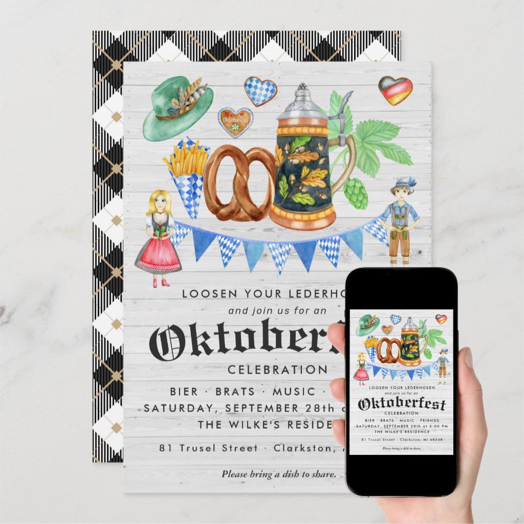 Oktoberfest Party Rustic Bavarian Beer & Pretzel Invitation
