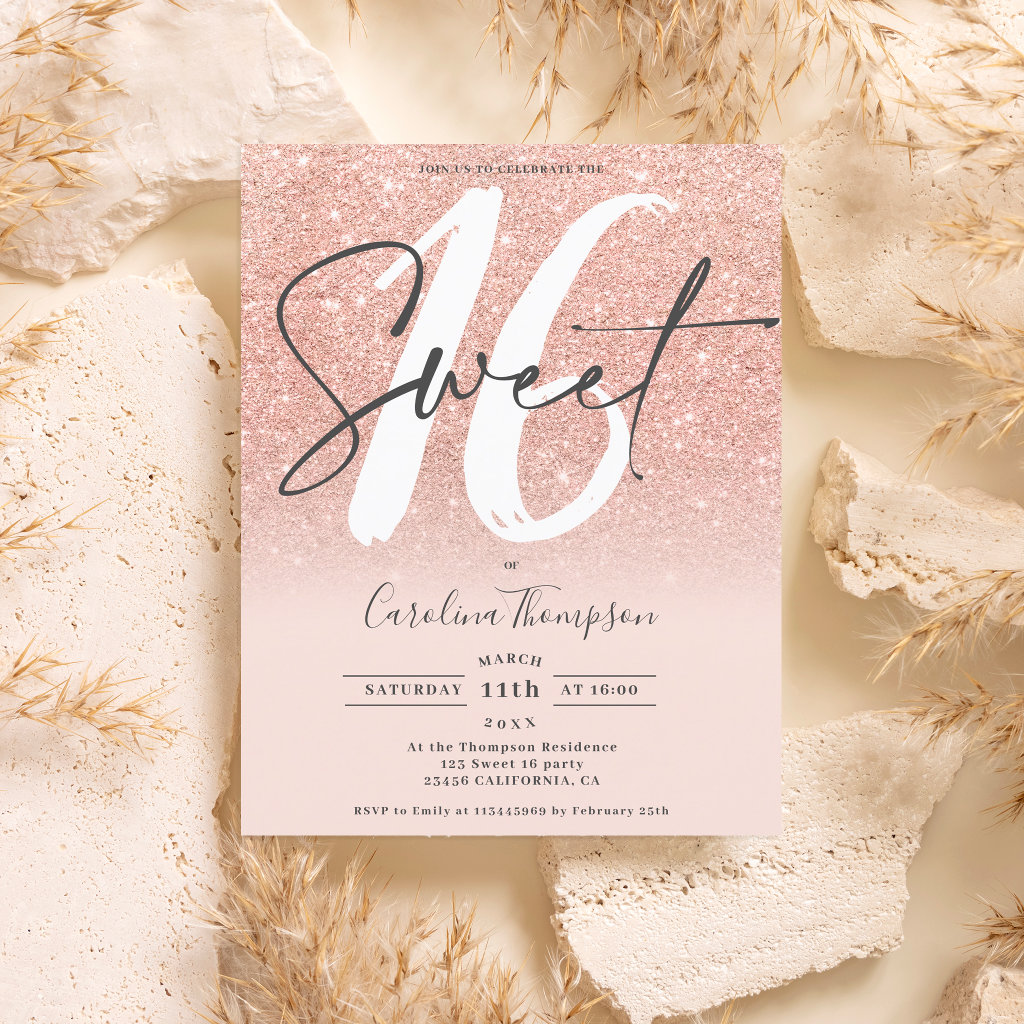 Rose gold glitter ombre pink photo budget Sweet 16