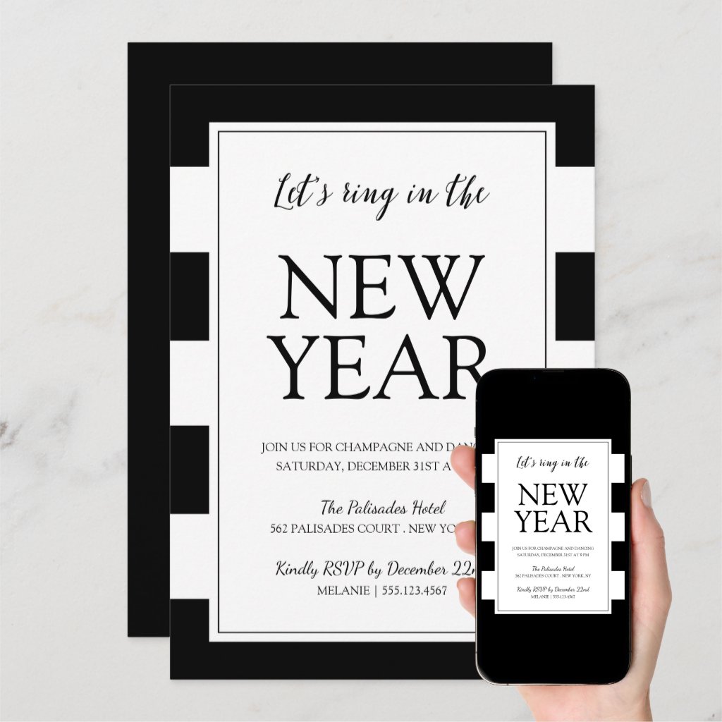 Modern Black and White New Year's Eve Party Invite