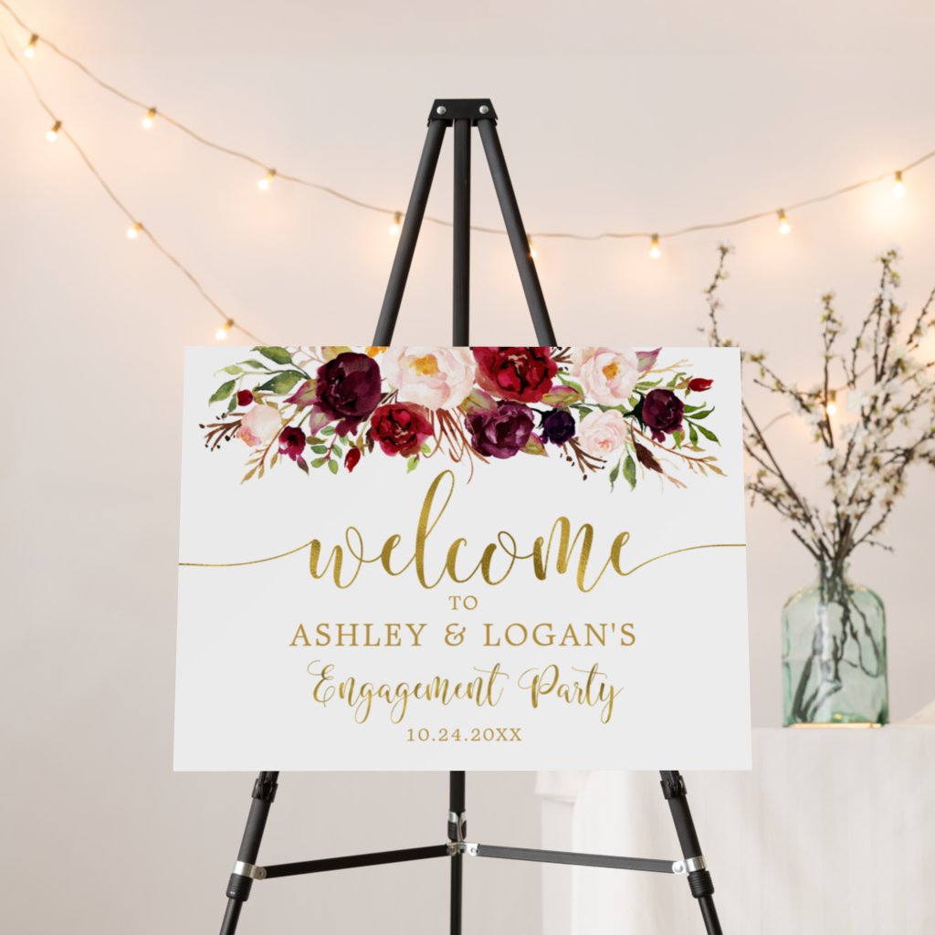 Gold Marsala Boho Engagement Party Welcome Foam Board