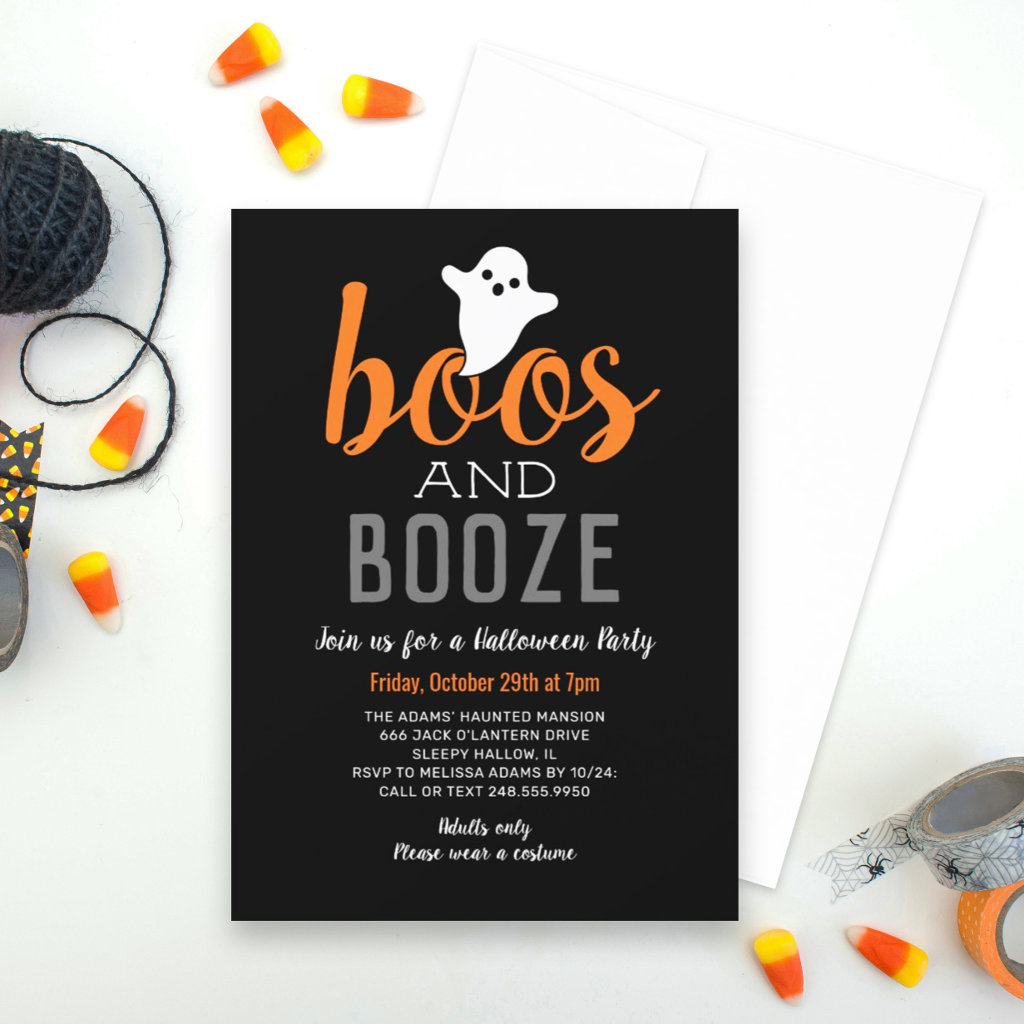 Boos and Booze Black Orange Adult Halloween Party Invitation