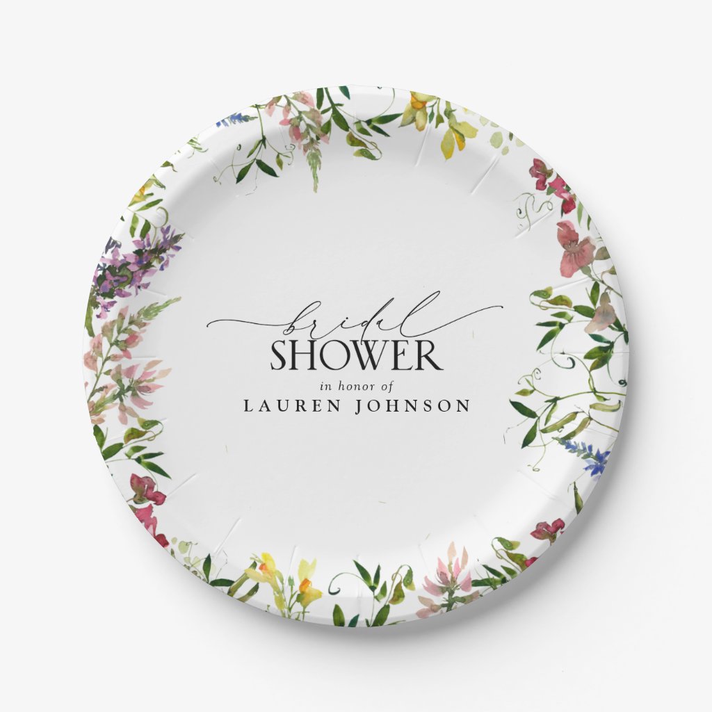 Elegant Summer Wildflower Watercolor Bridal Shower Paper Plates