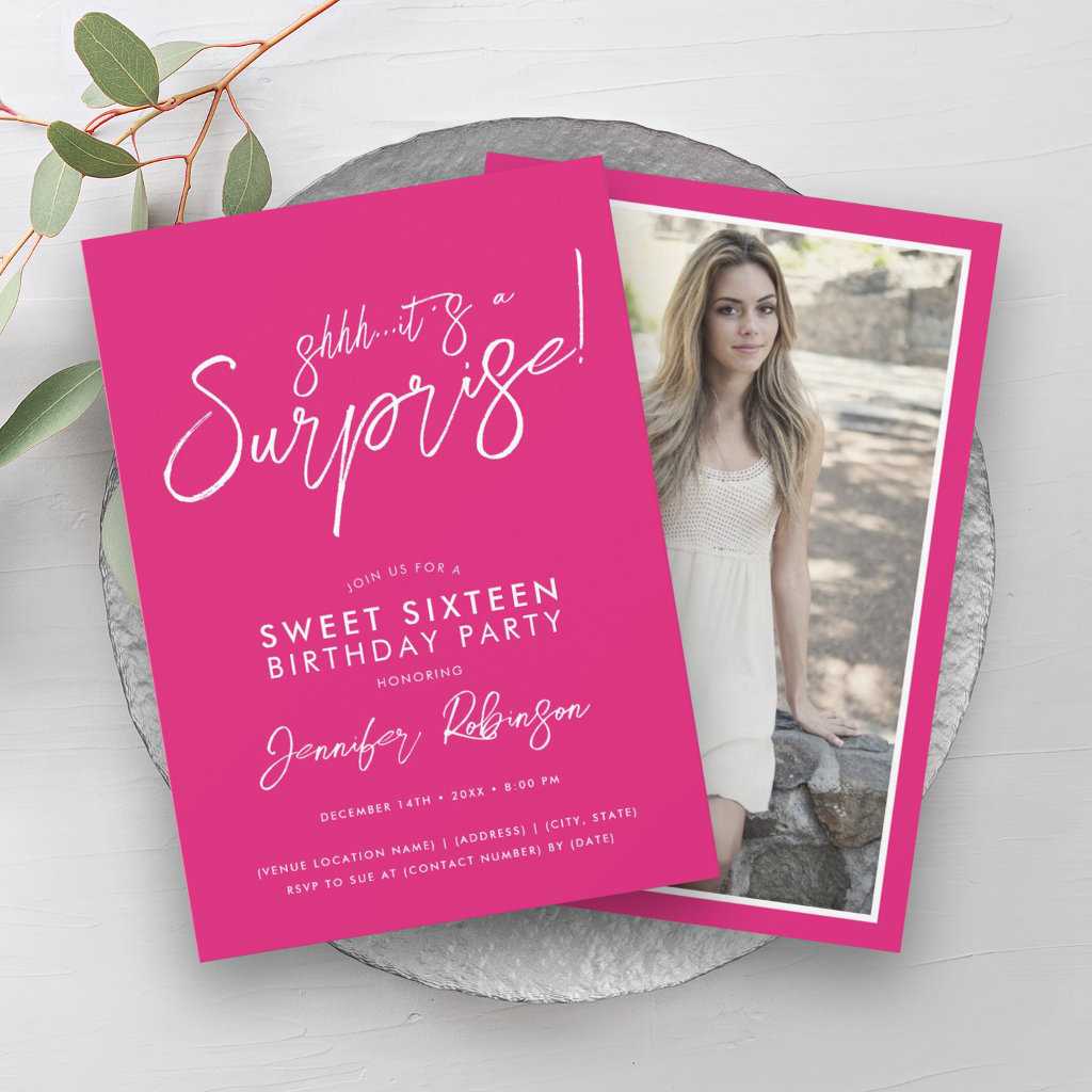 Hot Pink Girly Photo Surprise Sweet 16 Party Invitation