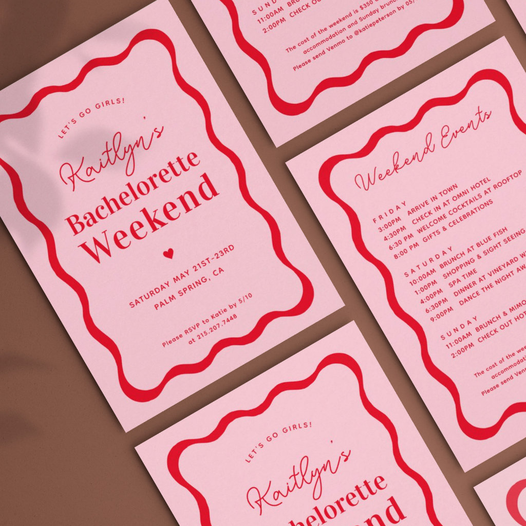 Pink and Red Wave Bachelorette Weekend Itinerary Invitation