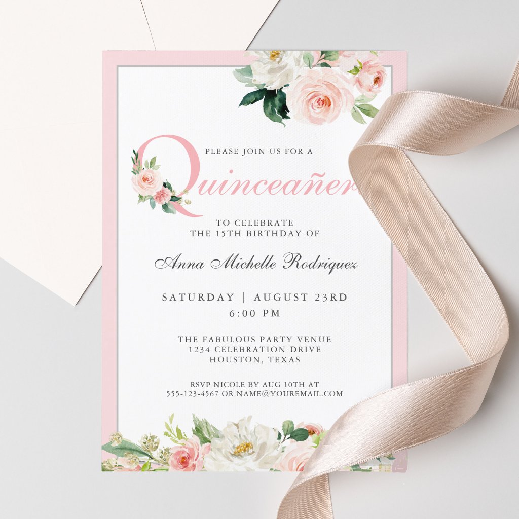 Blush Pink Floral Quinceanera Celebration Invitation