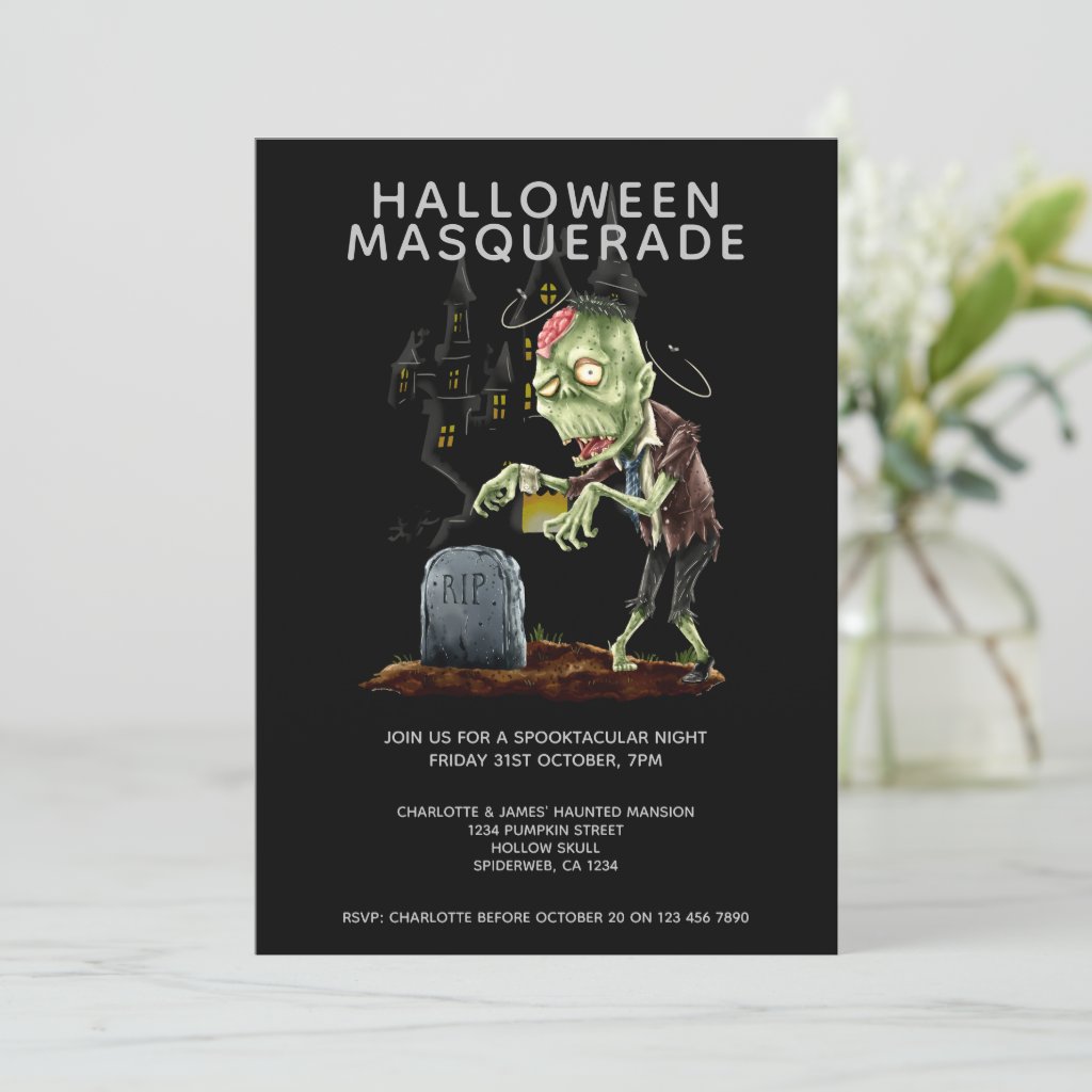 Halloween Masquerade Zombie Brain and Grave Invitation