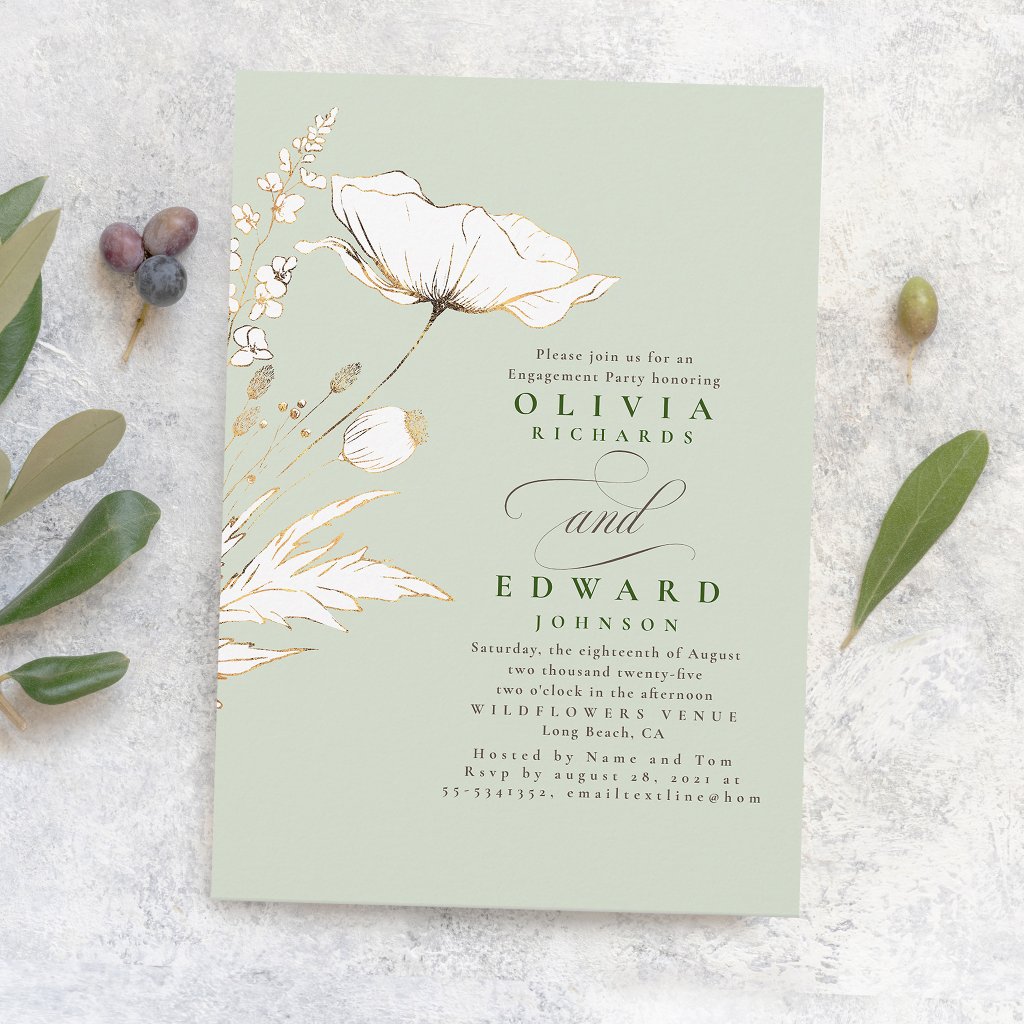 Gold Foil Wildflowers Sage Green Engagement Party Invitation