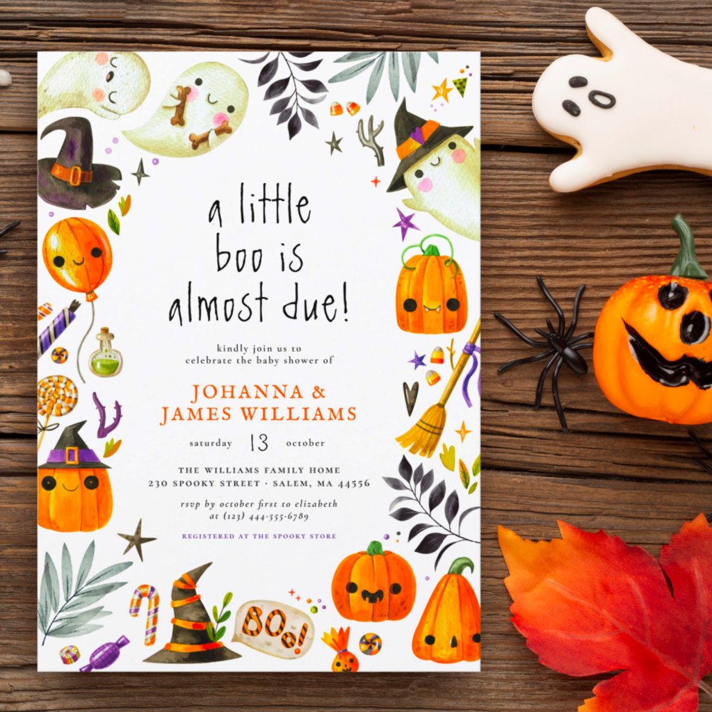 A Little Boo Ghost & Pumpkin Halloween Baby Shower Invitation