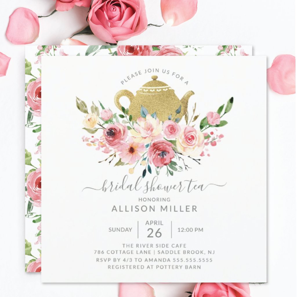 Springtime Peonies Rose Floral Bridal Shower Tea Invitation